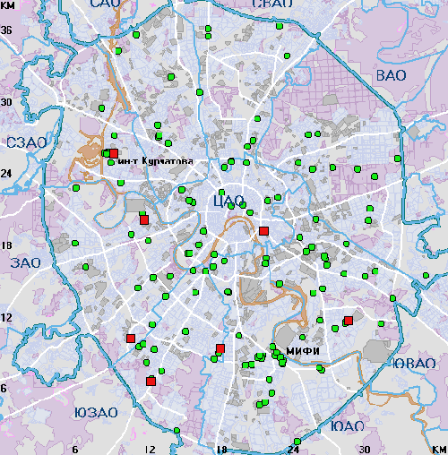 Карта радиоактивного загрязнения Москвы. Красным обозначены участки с очень сильным уровнем радиации, зеленым - с умеренным.